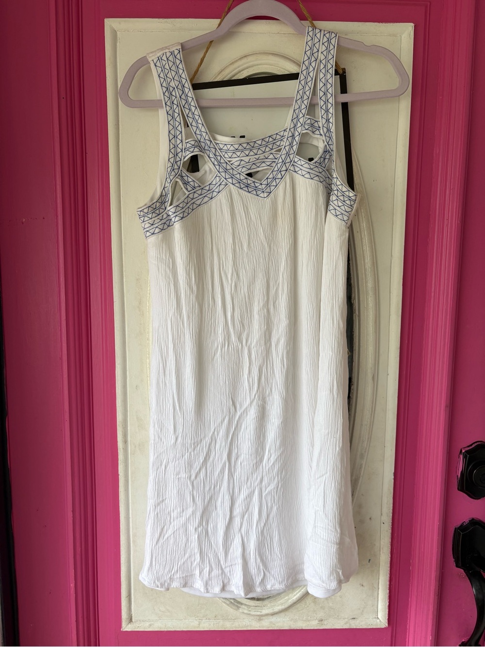 Maurices White Sleeveless Embroidered Shift Dress with Blue Trim